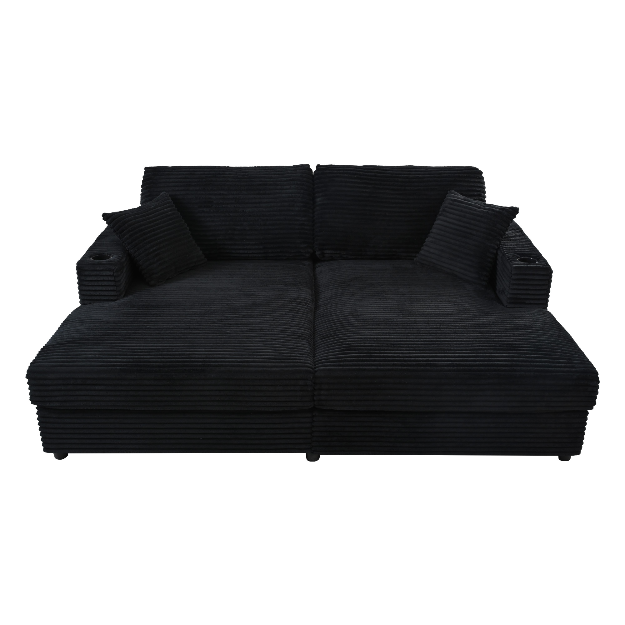 Euroco 86.5" Oversized Loveseat Chaise Lounge Sectional Sofa Bed Corduroy Sleeper Sofa with Two USB Ports , Two Cup Holders and Two Throw Pillows for Living Room and Bedroom