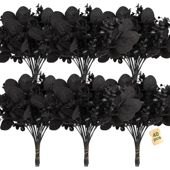 40 artificial black eucalyptus stems, fake eucalyptus leaves and branches bouquet for DIY flower arranging, black silk flowers suitable for home Halloween farmhouse decorations.