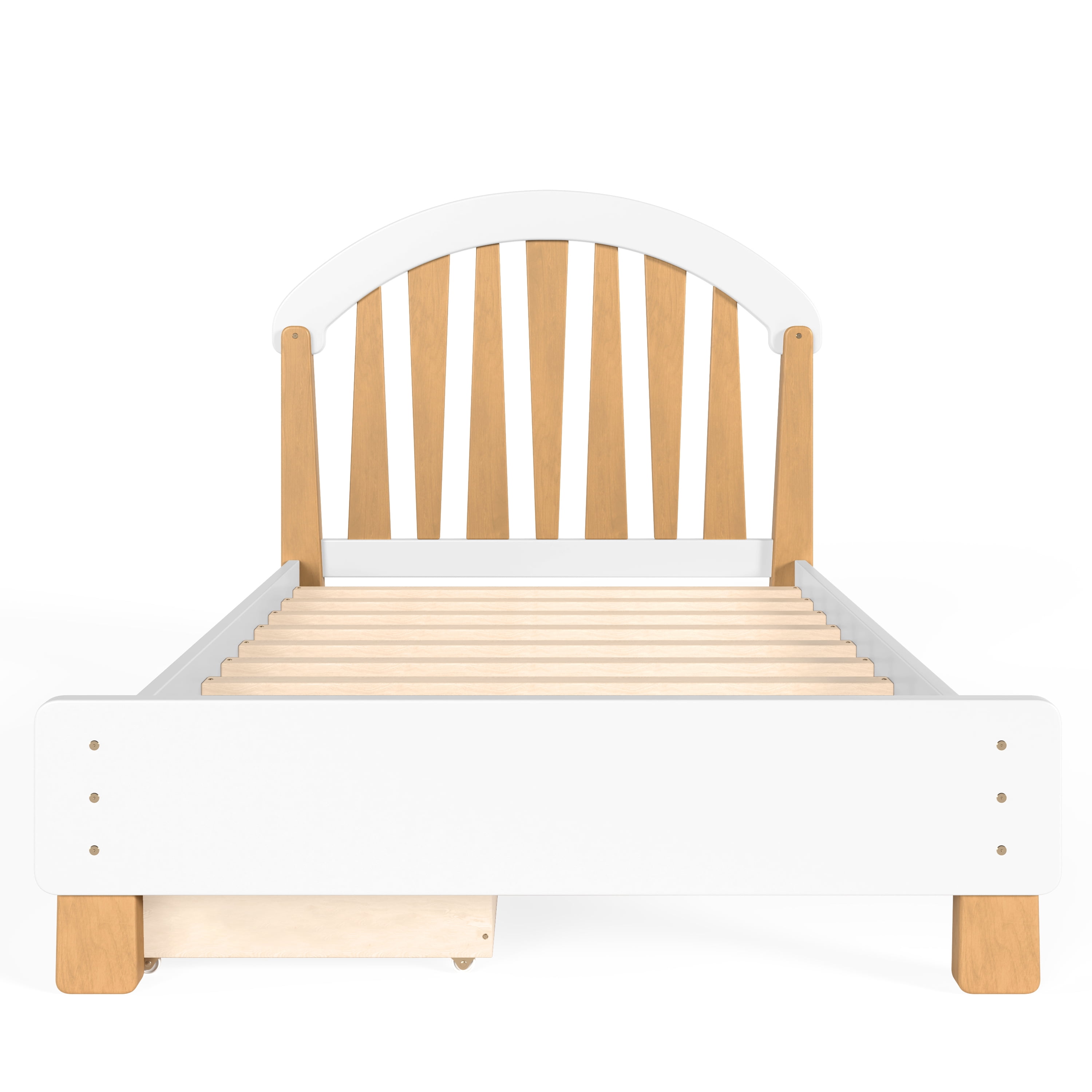 Platform Bed with Storage Drawer and Round Headboard, Twin Solid Wood Bed Frame with No Box Spring Needed for Bedroom, White and Natural