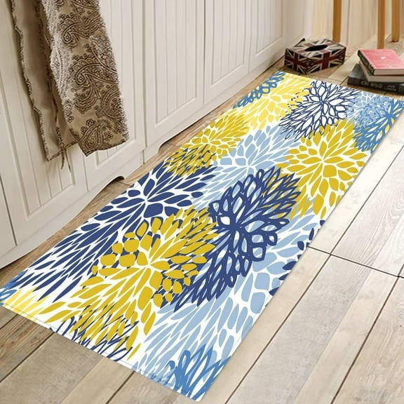 Kitchen Rug Set Green Spring Floral Blue Yellow and Navy Chrysanthemum Flowers Comfort Chef Mat Cushioned Floor Mats Washable Doormat Anti Fatigue Non-Slip Kitchen Runner Rugs Bedroom Area Carpetet