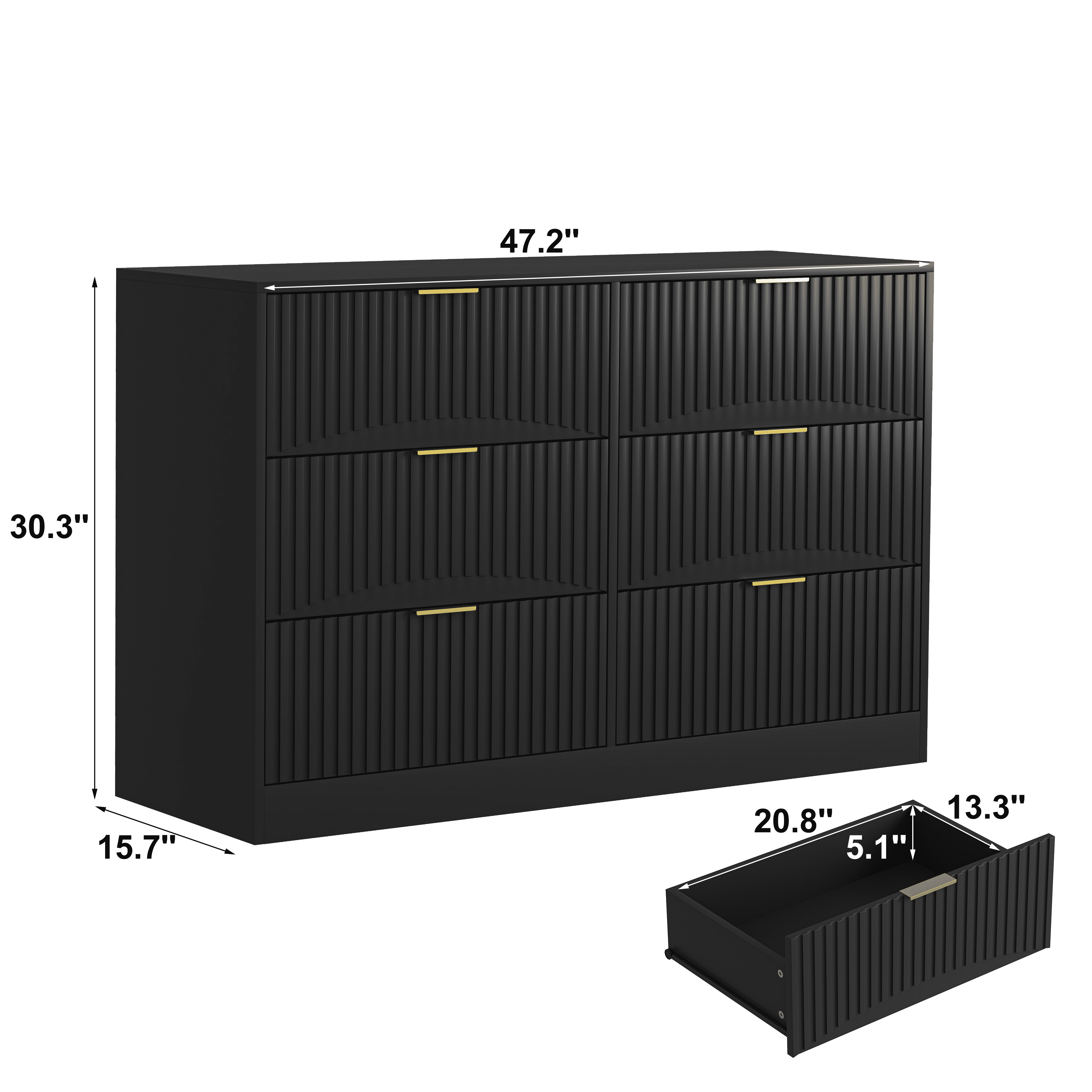 6-Drawer Dresser for Bedroom,Modern Wood Chest of Drawers,Large Storage Cabinet with Wavy Patterns for Living Room,Hallway,Entryway,Black