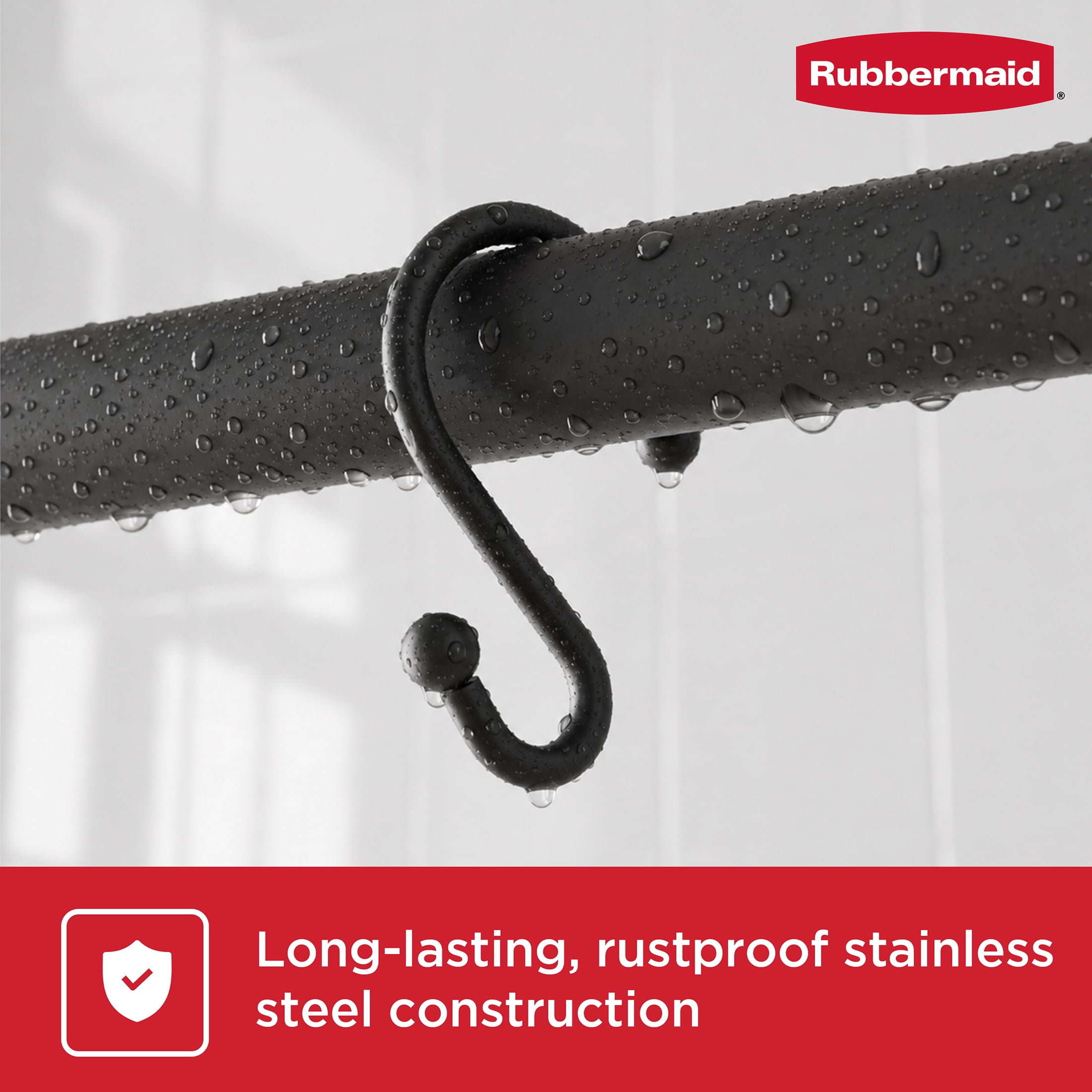 Rubbermaid Rustproof Stainless Steel S-Shaped Shower Hooks, Matte Black, Set of 12
