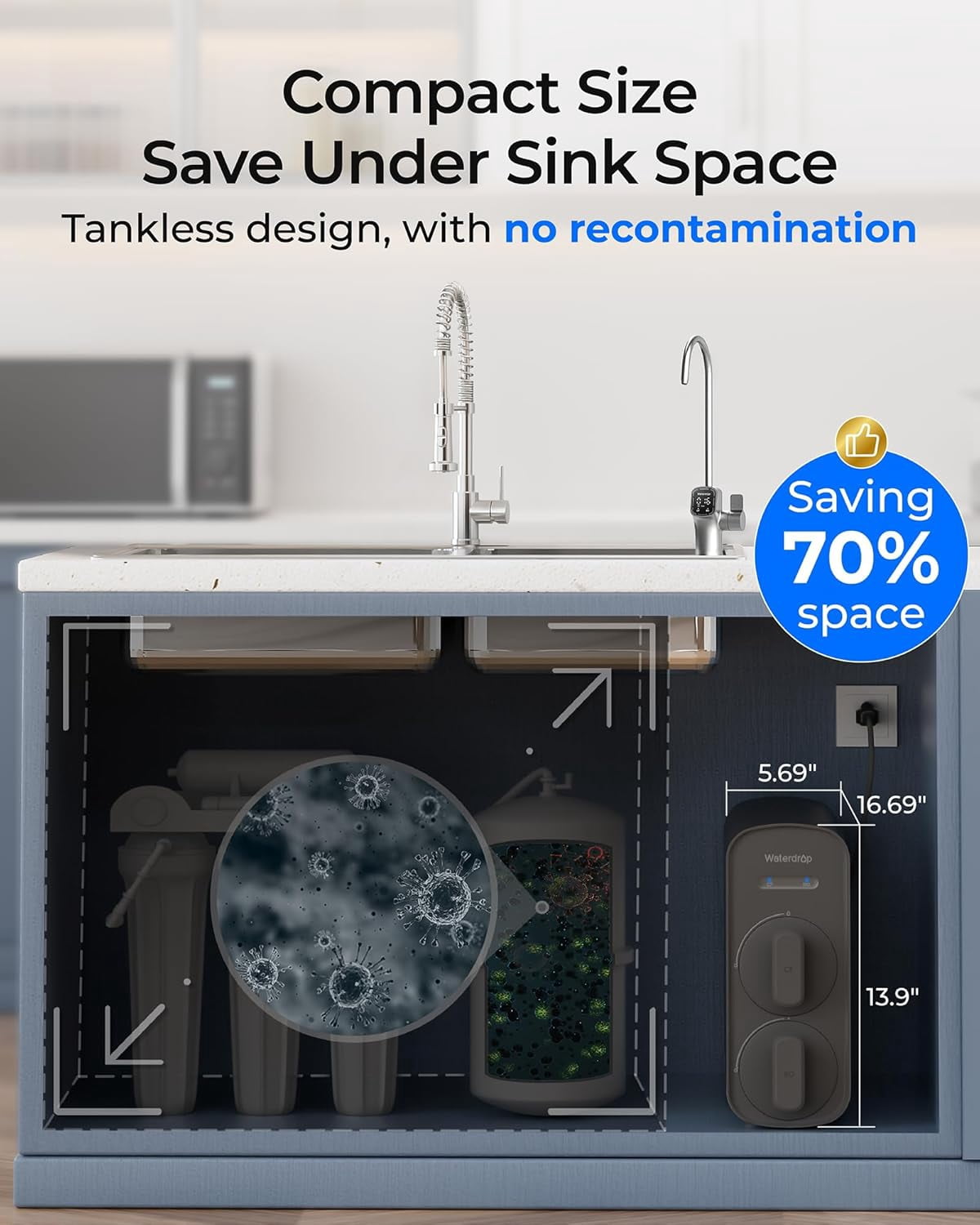 Waterdrop G5P700 Reverse Osmosis System, 700GPD Fast Flow RO Water Filter, 7 Stage Filtration, NSF/ANSI 372 Certified, 2:1 Pure to Drain, Smart LED Faucet, BPA Free,with Extra Filter