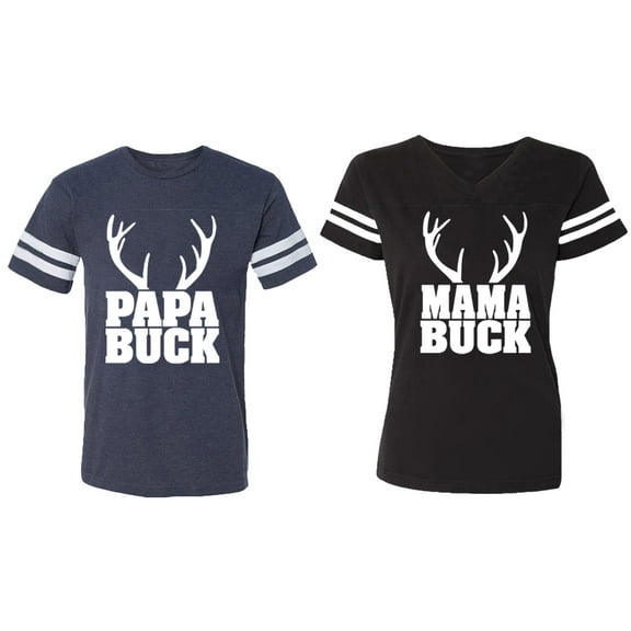 Papa Mama Buck Matching Couple Cotton Jerseys (Men Navy / Women Black) (Men S / Women S)