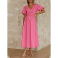 thumbnail image 2 of Faithtur Robe Longue Décontractée d'Été pour Femmes Couleur Unie Froncée Col en V Manches Courtes Mode Plage Vacances, 2 of 6