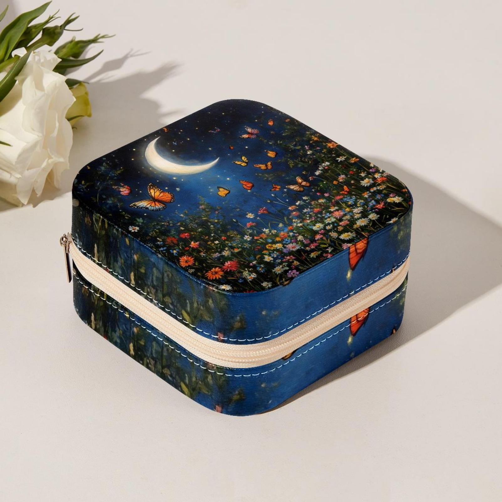 PhooArto Small Jewellery Box, Night Sky Moon Butterflies Flower Portable Travel Mini Jewelry Case for Women Leather Ring Organizer