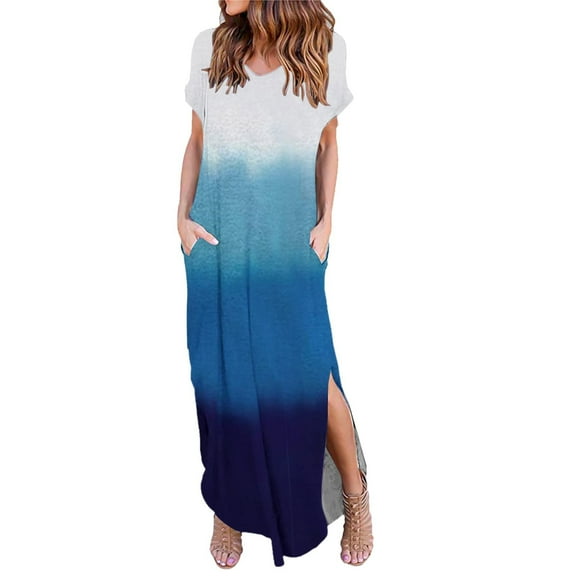 USSUMA Sun Dresses Women Summer Casual Short Sleeve Loose Pocket Long Slit Maxi Sundresses for Women Tie Dye Plus Size Dress for Women V Neck Graduation Dress