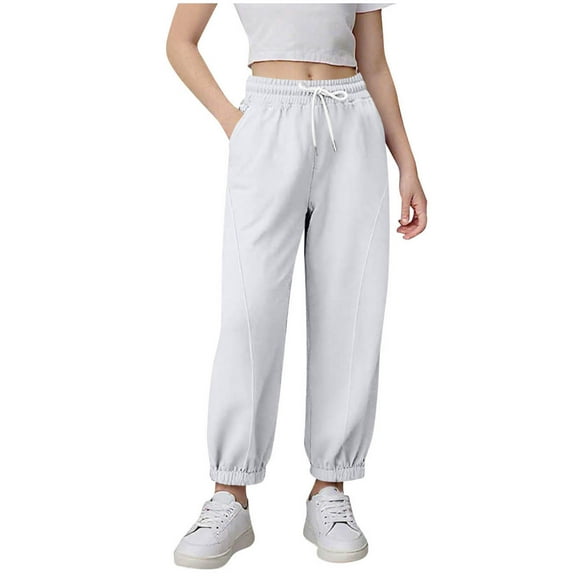 Joggers for Girls Elastic Waisted Soft Cotton Drawstring Sweatpant with Pocket Solid Casual Sport Pants (170, White)