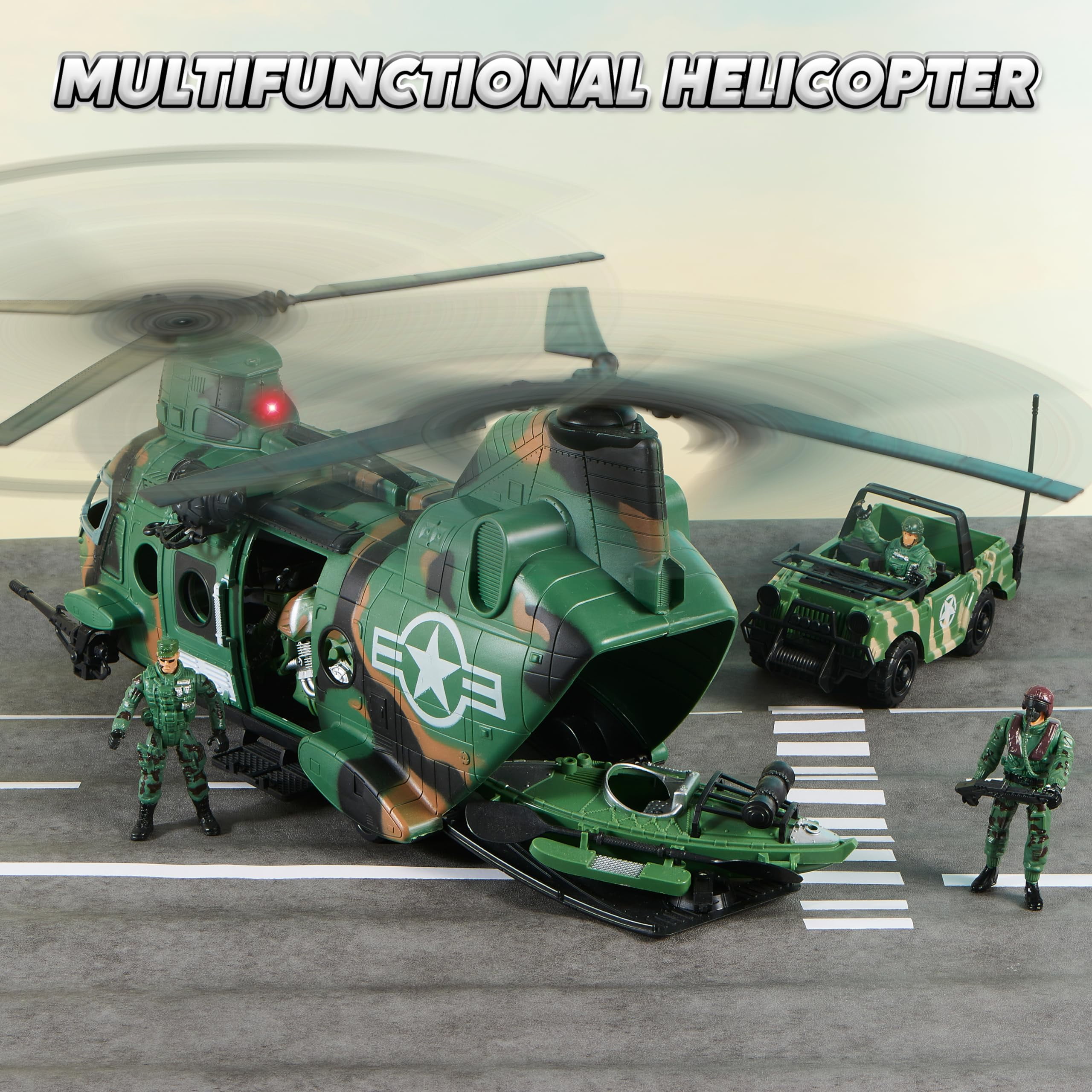 Joyfy 10-in-1 Military Helicopter Toy Set with Light & Sound, Trucks, Boat, Bike, Army Men & Weapons - Army Toys for Boys, Christmas Birthday Gifts for 3+