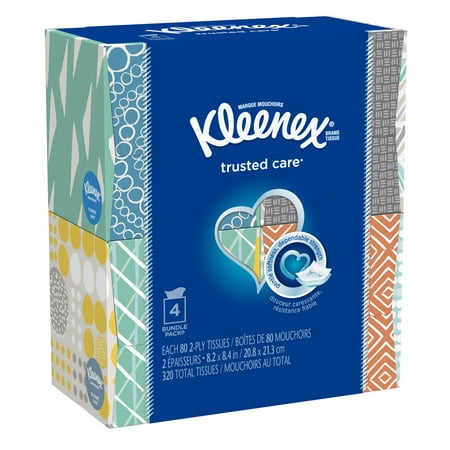 Kleenex Trusted Care Everyday Facial Tissues, 4 Cube Boxes (320 Total Tissues)