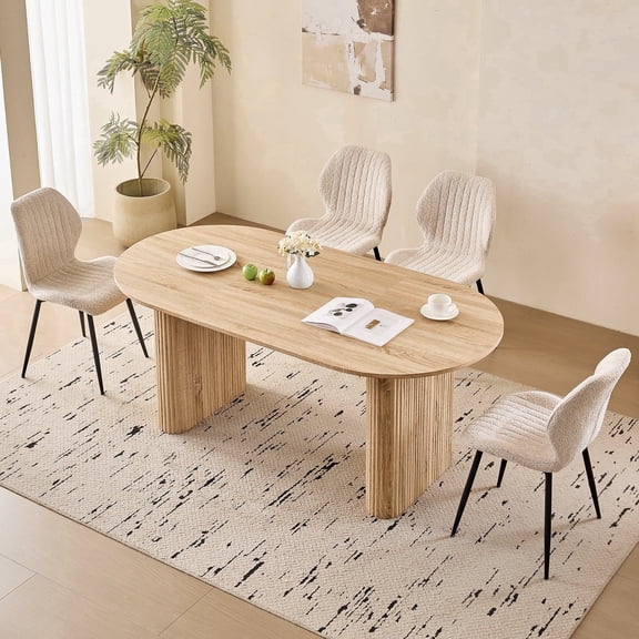 70.9" Large Dining Table Set for 4, [Rounded Edges] [Fully Assembled Table Base] Modern Wood Kitchen Dinner Table with 4 Boucle Chairs(Natural Table with 4 Beige Chairs)