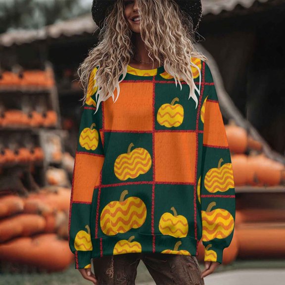 Inverlee Thanksgiving Sweatshirts Women Plus Size Turkey Pumpkin Graphic Sweatshirt Comfy Long Sleeve Soft Shirts Round Neck Tunic Pullover Tops