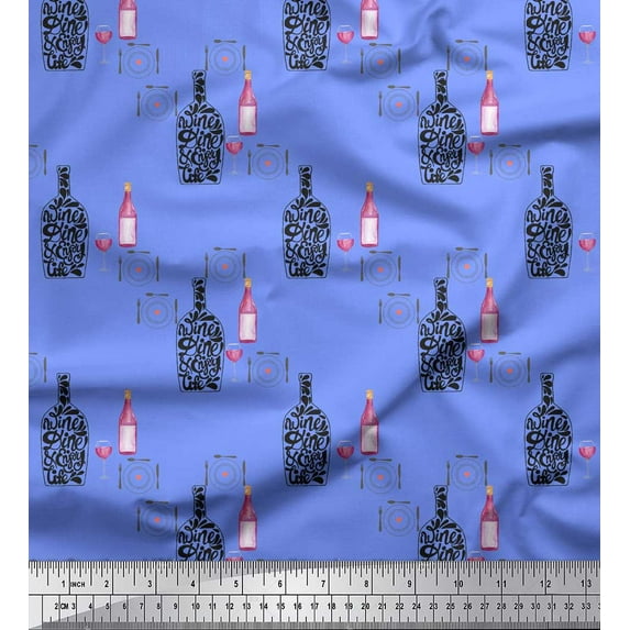 Soimoi Blue Cotton Voile Fabric Bottle & Crockery Kitchen Fabric Prints by Yard 42 Inch Wide
