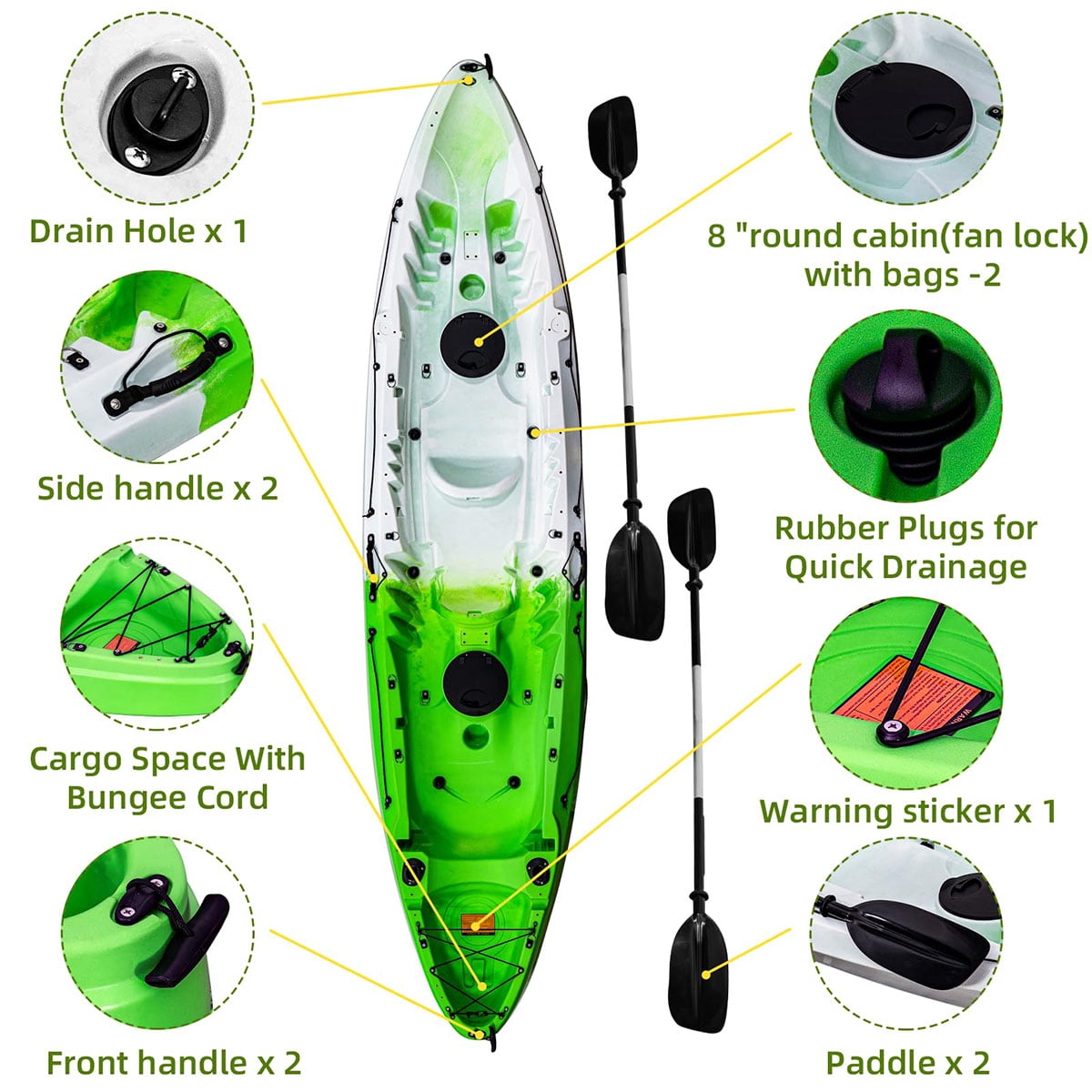 Danolapsi Fishing Kayaks, 12.4FT, 2-3 Person Sit on Top Kayak for Adults with Paddle & Comfortable Seat, Capacity of 600LBS, Hard Shell Recreational Ocean Kayak Boat