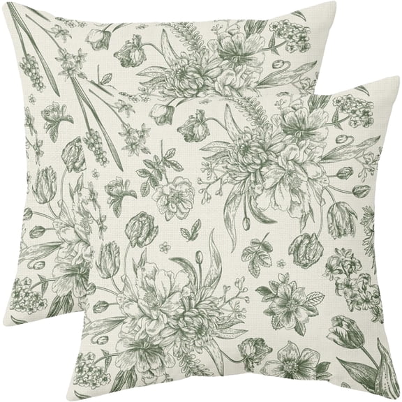 Sage Green Floral Pillow Covers 18x18 Set of 2 Spring Flower Vintage Chinoiserie Cream Decorative Throw Pillows Outdoor Country Farmhouse Pillowcases Square Cushion Case Decor for Home Sofa Couch Bed