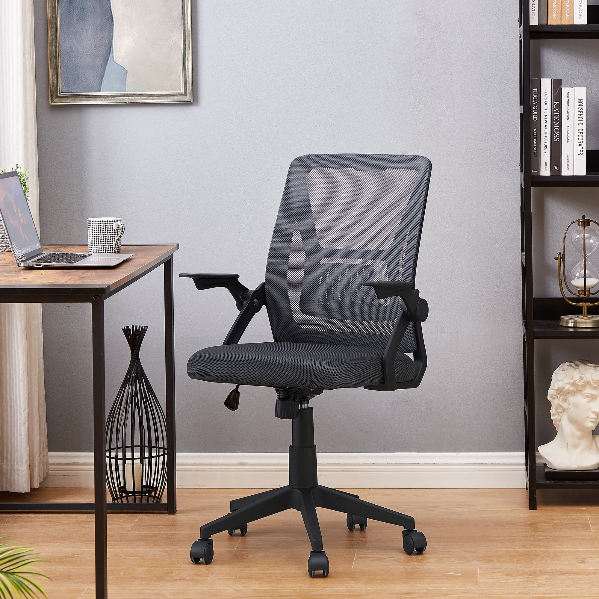 VECELO Mid-Back Swivel Adjustable Ergonomic Office Chair, Mesh Lumbar Support and Adjustable Arms Task Chair for Computer, Grey