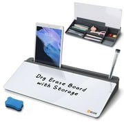 SELEAD Desktop Glass Dry Erase White Board with Organizer - Desk Board Buddy Pizarra Small Slope Whiteboard Computer Keyboard Stand, Grey