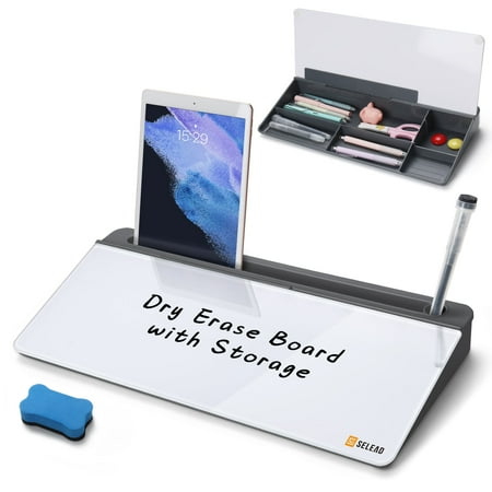 SELEAD Desktop Glass Dry Erase White Board with Organizer - Desk Board Buddy Pizarra Small Slope Whiteboard Computer Keyboard Stand, Grey