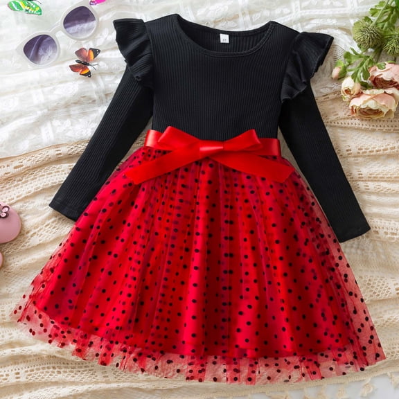 Little Toddler Dress Dot Print All Over Print with Bow Refined Formal Gown Mesh Tulle for Party Dress Set