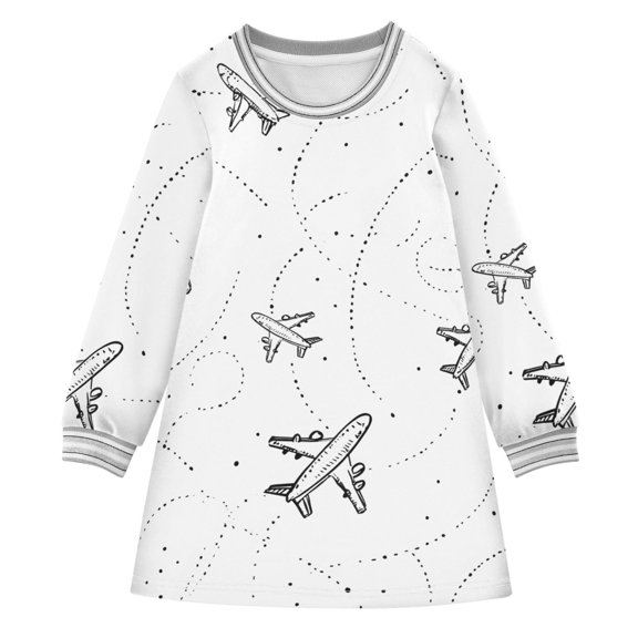 Plane Track Hand Painted Long-sleeved Dress A-line One-Piece Dress for 2-8 Years Casual Party 2T