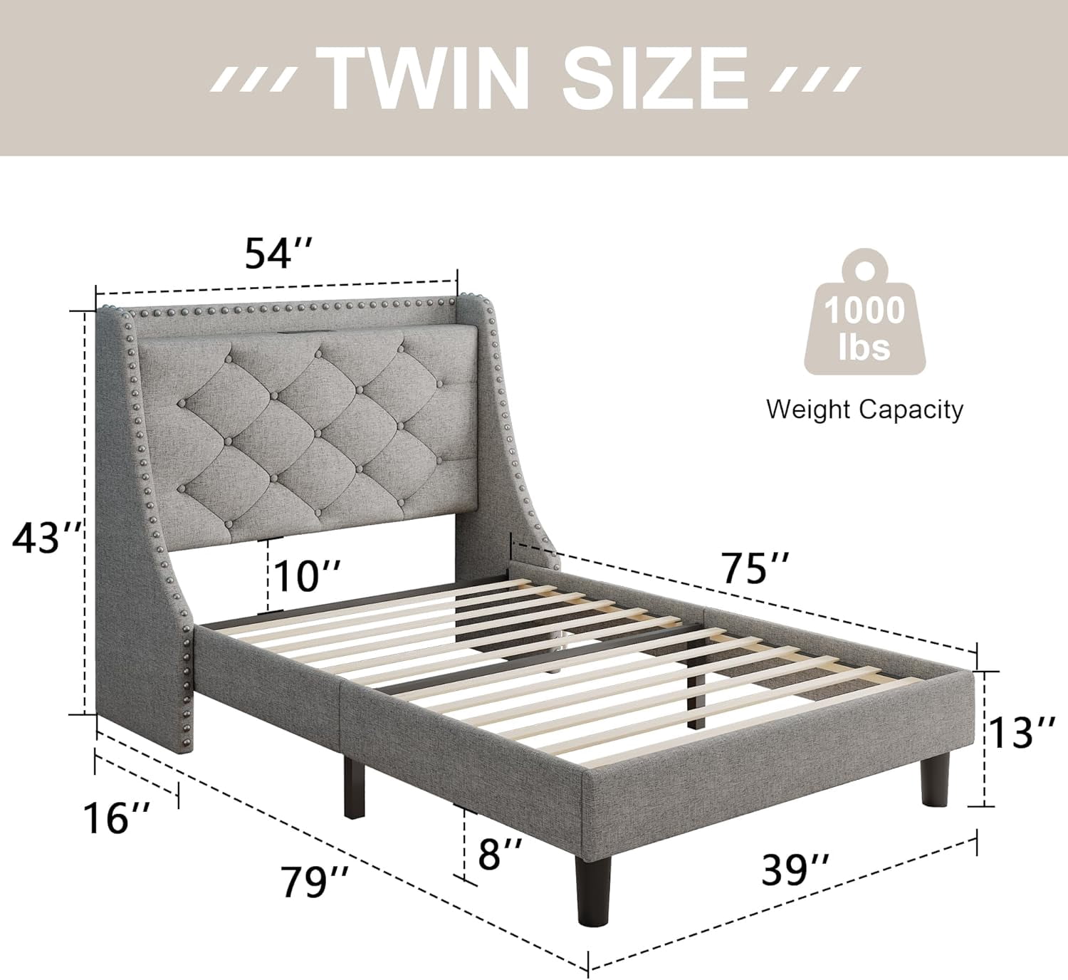 Feonase Twin Bed Frames with Luxury Wingback and Fast Charging Station,Upholstered Button Tufted Storage Headboard Twin Platform Bed,Sturdy Wooden Slats Support,Noise-Free,Easy Assembly,Light Gray