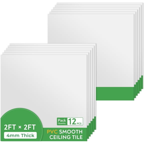 Smooth Drop Ceiling Tiles 2ft x 2ft, PVC Ceiling Tile 24 x 24in - Waterproof, Fire-Rated to Prevent Breakage - Package of 12 Tiles Cover 48 Sq. Ft, White