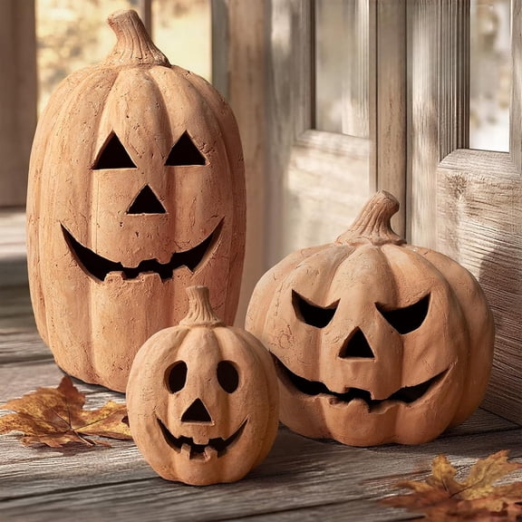 Fall Decor - 7.8" Halloween Handmade Resin Pumpkin Jack O' Lantern Outdoor Indoor Decorations, Cute Halloween Autumn Farmhouse Table Festival Decoration for Home Porch Front Door Mantel Room