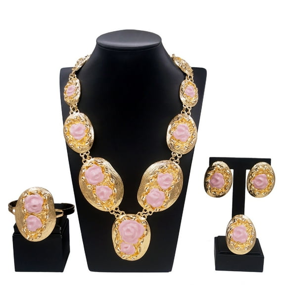 Exquisite Gold - Tone Pink Flower Jewelry Set
