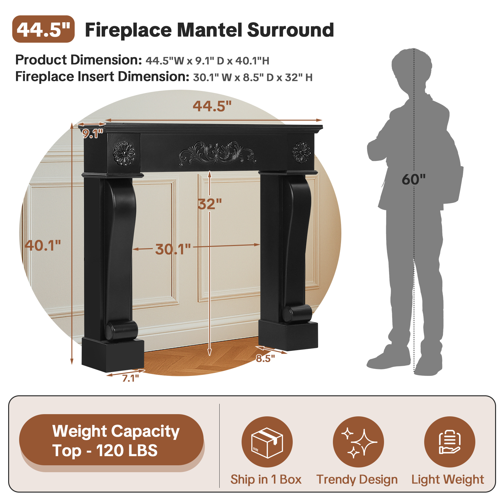 OUINCH 44.5" Fireplace Mantel, Freestanding Fireplace Surround with Leg for Electric Fireplaces, MDF Mantel Surround with Shelf for Living Room with Decorative Pattern, Anti-Tipping & Waterproof