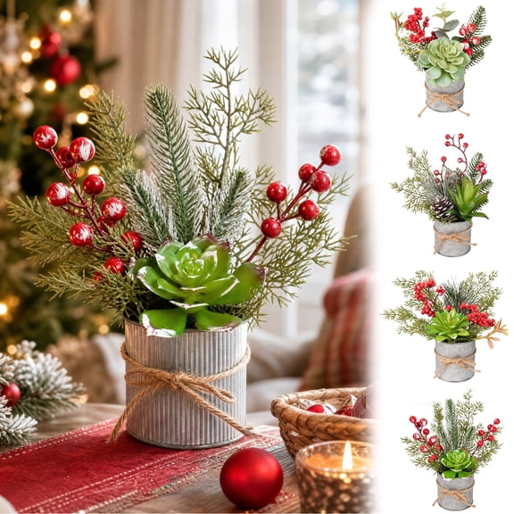 Euahivb Christmas Artificial Greenery Decor Farmhouse Floral Arrangement with Pine Berries and Succulent in Rustic Tin Pot for Holiday Tabletop Shelf Centerpiece