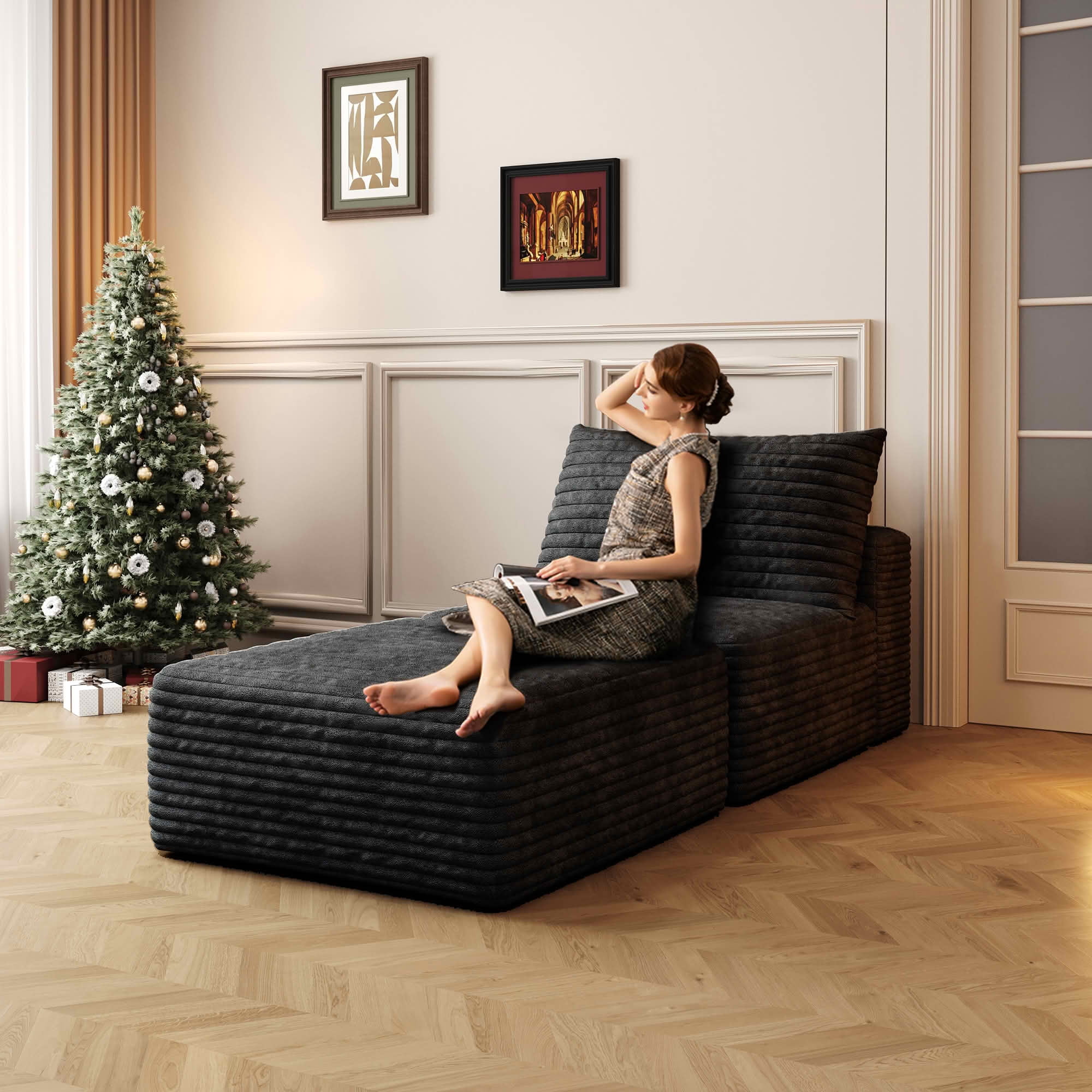 MAYEERTY 66.9" Convertible Sofa Bed, Sleeper Chair with Pillow & Back Support, Plush Corduroy Fabric, Single Floor Lounge, Black