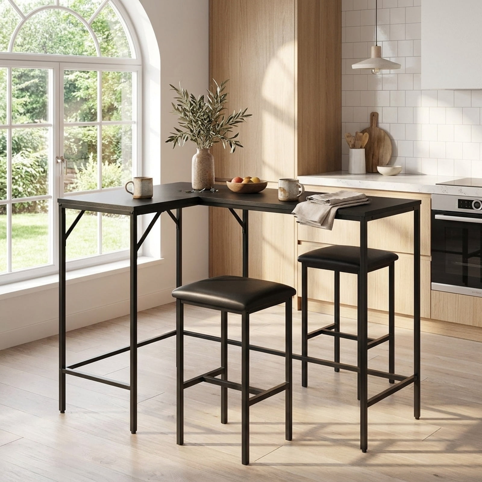 Furnibear 3-Piece Convertible L-Shaped Kitchen Table Chair Set with 2 AC Outlets USB Port and Type-C Port for Kitchen Dining Room Breakfast, Black