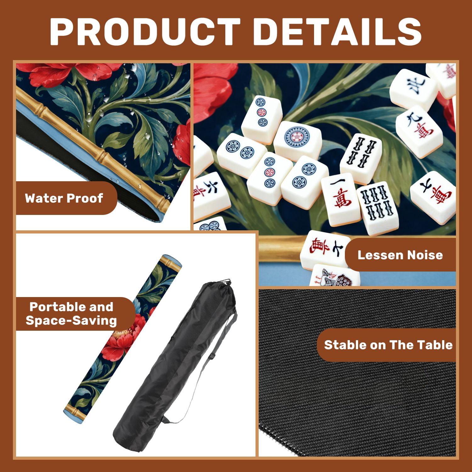 Mahjong Mat 31.5" x 31.5" Floral Red Roses Green Vines Blue Non-Slip Noise Reduction Mahjong Tiles Table Cover for Dominoes Poker Card Board and Tile Games