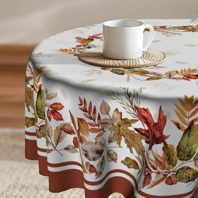 Nappe Ronde d'Automne à Feuilles d'Érable Imprimées, Résistante aux Plis, Lavable, Housse de Table pour l'Action de Grâce, Décoration de Fête Saisonnière et de Salle à Manger, 60 Pouces