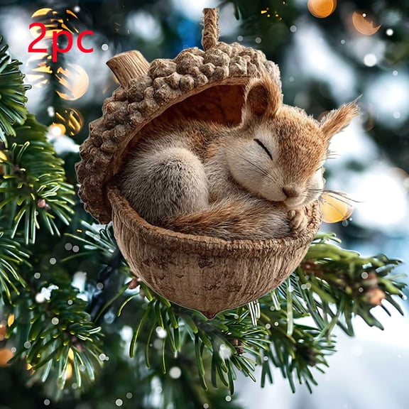 CSEONE Resin Forest Animal Ornaments 2 Pcs 3.14 Inch Handcrafted Sleeping Owl Bunny Hedgehog Figures in Realistic Hazelnut Shells Nature Theme Christmas Tree Decor Christmas Decorations