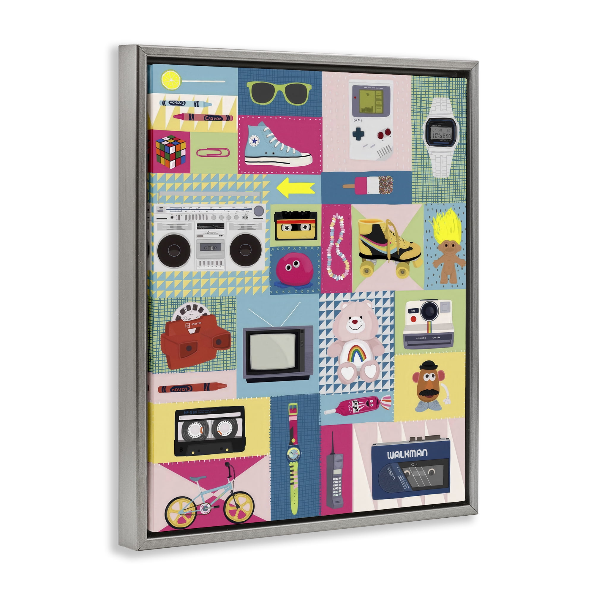 Stupell Industries Retro 80's Patchwork Collection Gray Framed Floater Canvas Wall Art, design by Hanna Melin