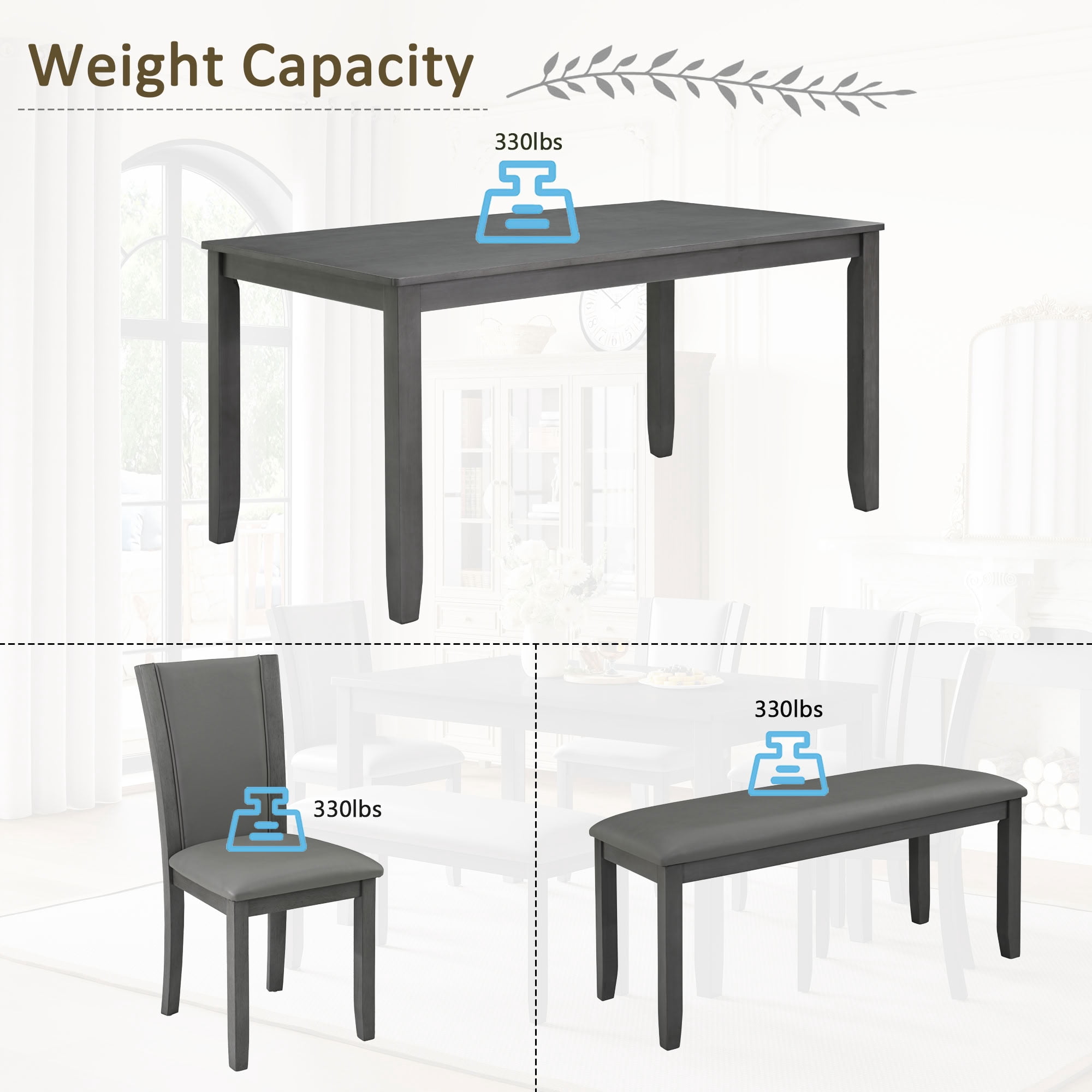 MAYEERTY 6-Piece Dining Table Set with Bench & Chairs, Modern Wooden Dining Set for 6-Person, for Dining Room Kitchen, Grey