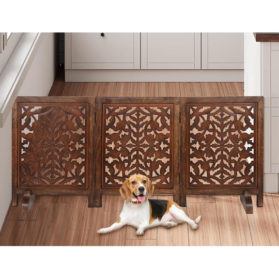Standing Dog Gate – 3 Panel Foldable Wooden pet gate Indoor 54" W x 24" H, Hand-Carved Solid Wood & MDF, Portable Indoor Gate for Doorways, Halls, Stairs – Fully Assembled_Burnt