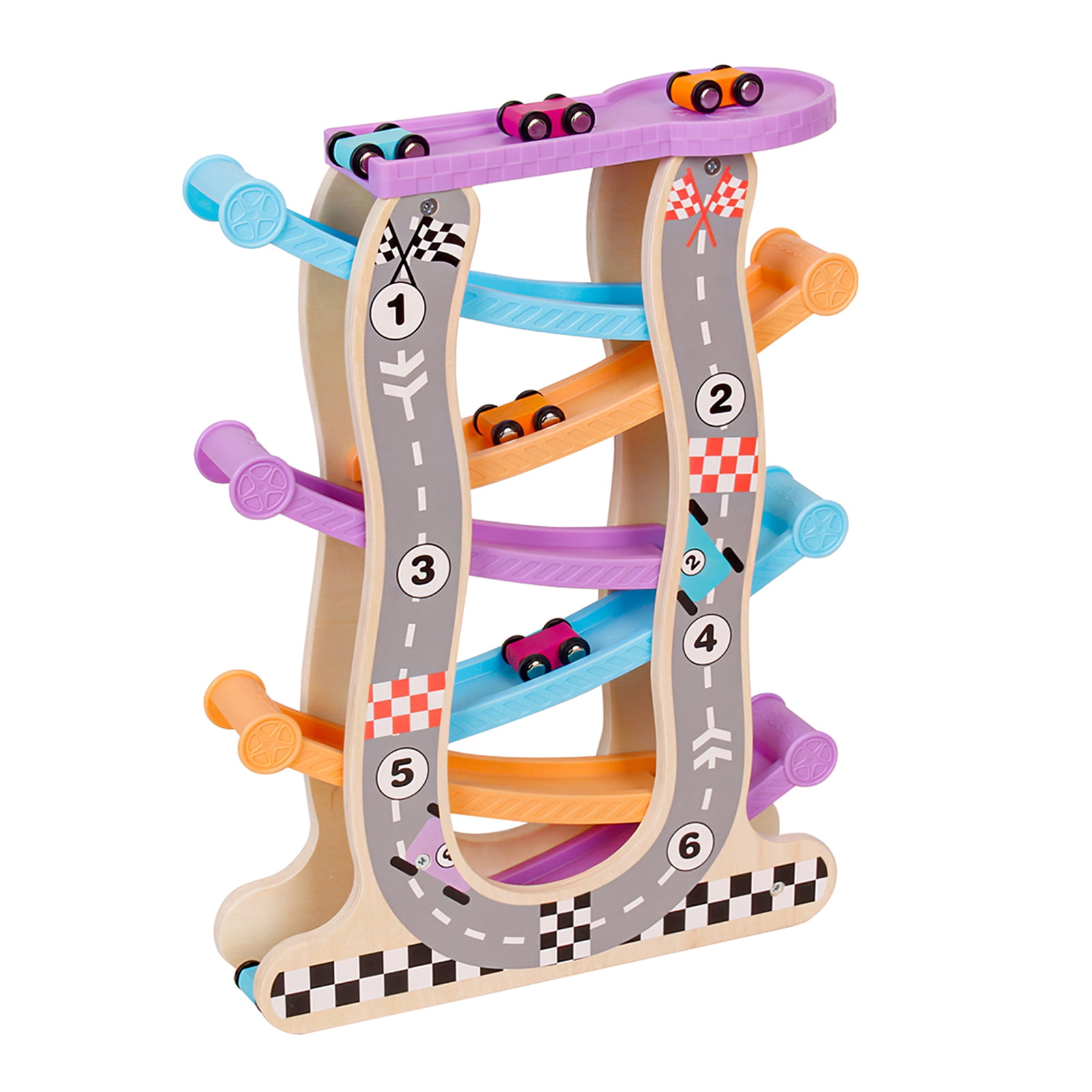 Wooden Ramp Race Track & Gliding Cars Kids Developmental Toy Vehicle Playset 
