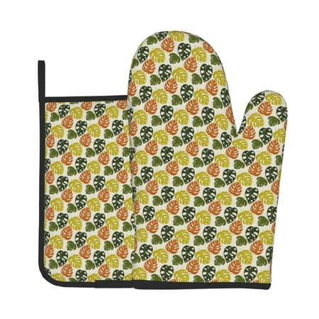 

KLL Monstera Leaves Pattern Oven Mitts and Pot Holders 2pcs Sets for Kitchen Oven Mitt Heat Resistant 536°F Oven Gloves for Kitchen Cooking and Baking