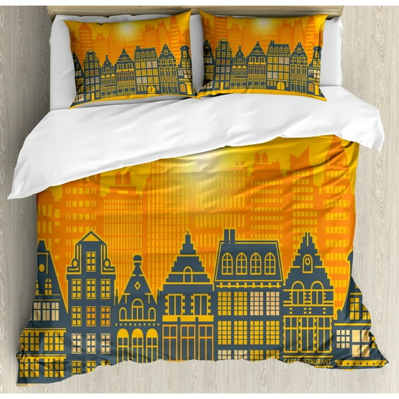 Amsterdam Duvet Cover Set King Size, Urban Lifestyle Illustrated Artistically, Decorative 3 Piece Bedding Set with 2 Pillow Shams, Earth Yellow Slate Blue Burnt Sienna Pastel Yellow, by Ambesonne