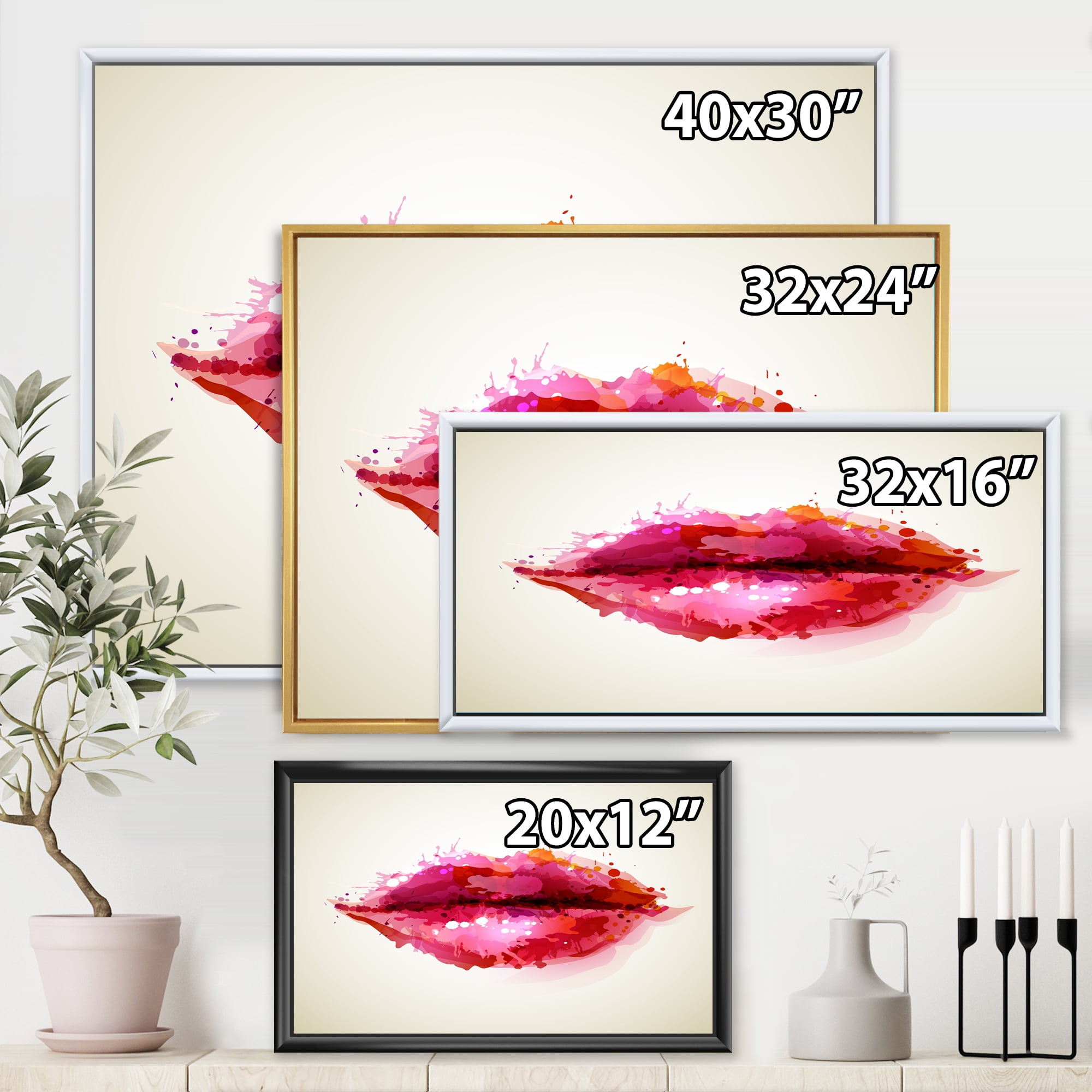 Designart 'Red Girl Lips Formed By Abstract Blots' Modern Framed Canvas Wall Art Print