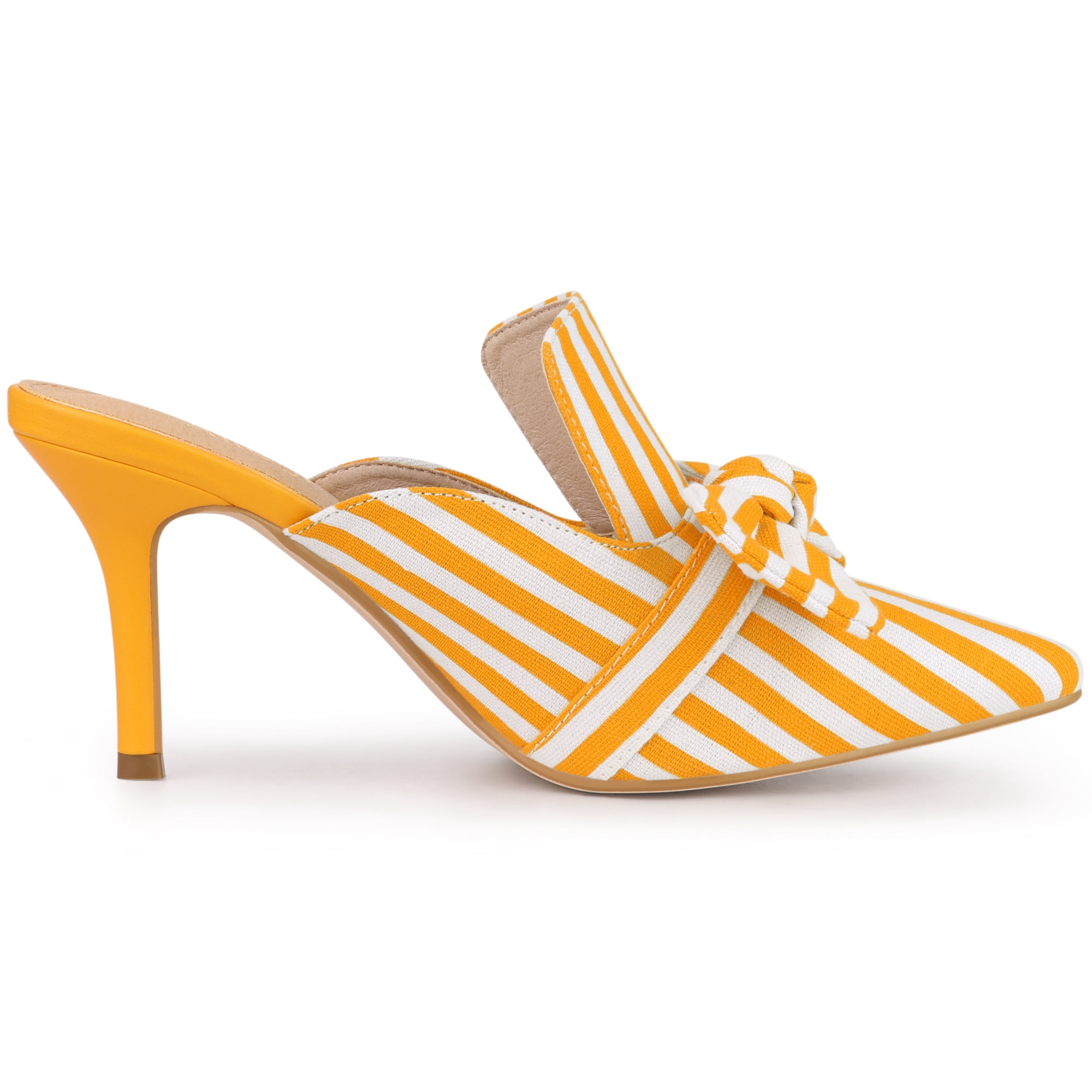DARING DIVA Women's Stripe Bow Slip on Stiletto Heel Slides Mules Yellow 7
