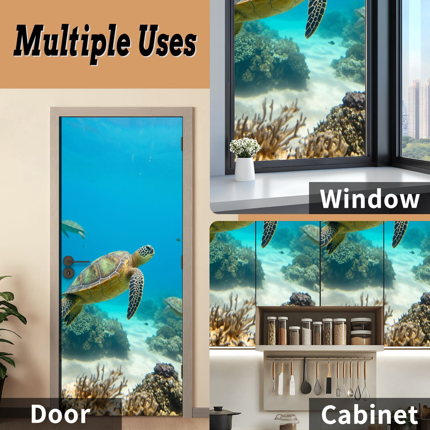 Self Adhesive Vinyl Refrigerator Wrap Set Beautiful Hawaiian Green Sea Turtle Door Mural Removable Fridge Sticker Peel and Stick&nbsp;Full Door Cover Decal Kitchen Bar Decor