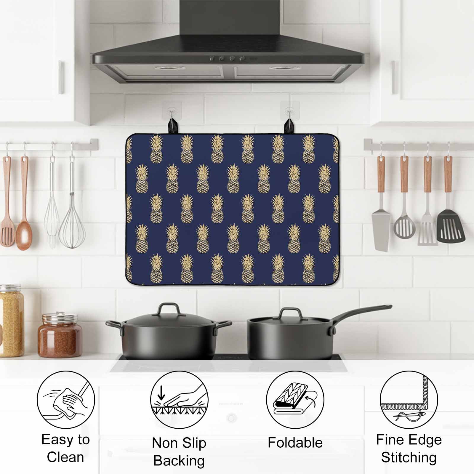 Pineapple Stove Top Cover for Electric Stove, Heat-proof & Non Slip Glass Top Stove Cover Protector, Yellow Fruit Navy Blue Summer Tropical Kitchen Flat Cooktop Rubber Mat 28.5x20.5 Inches