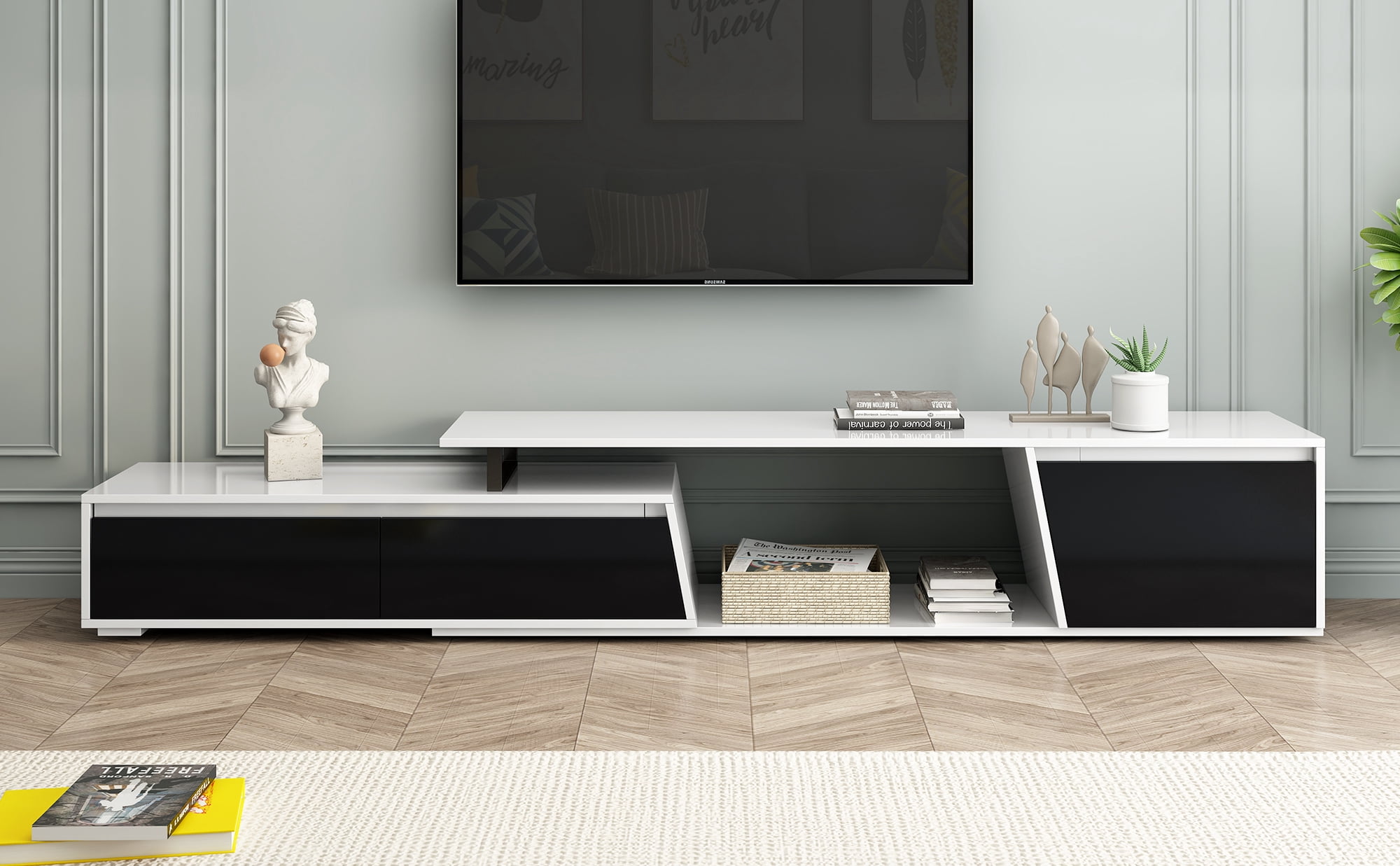 Euroco Modern Minimalist Rectangle Extendable TV Stand, TV Cabinet with 2 Drawers and 1 Cabinet for Living Room, Fits TVs Up to 100''