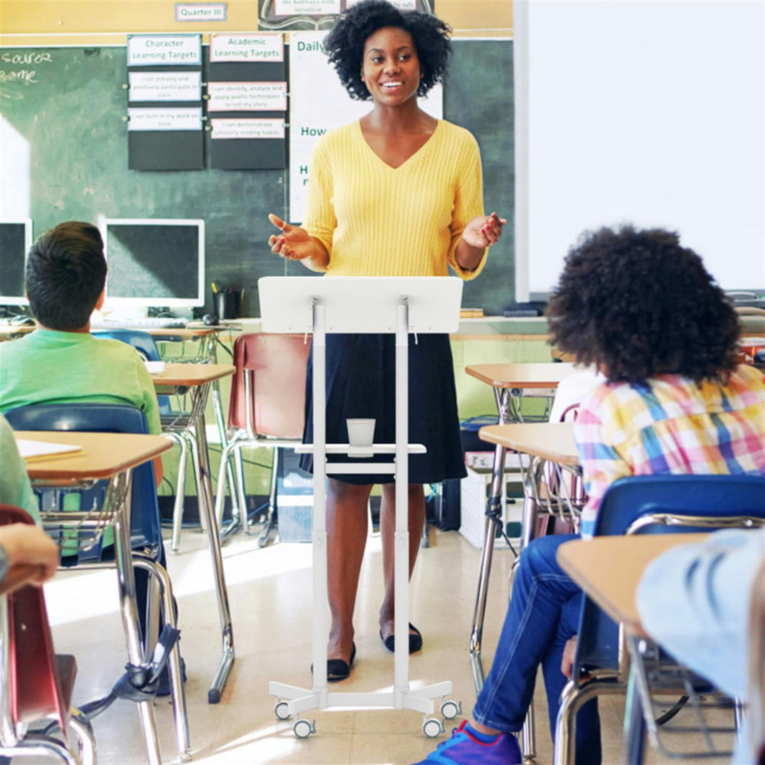 Demi Bonn Mobile Lectern Podium Height-adjustable Rolling Laptop Cart with Tilting Top Storage Tray for Laptops, Books, Tablets, and Art, White