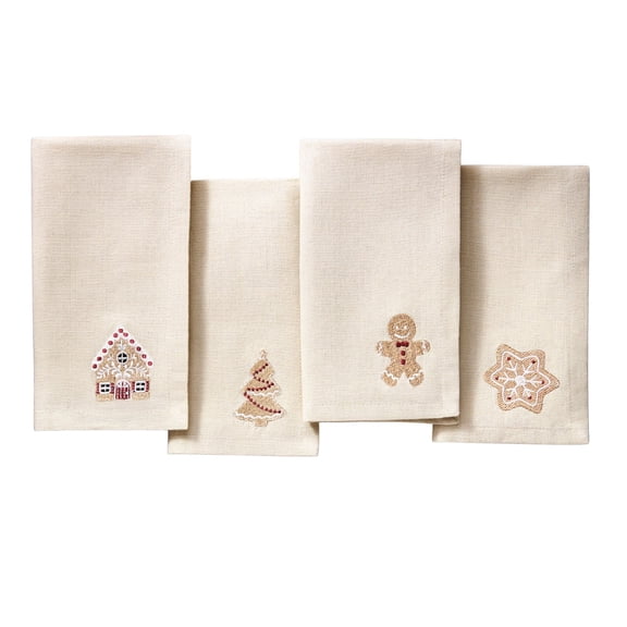 Elrene Home Fashions Gingerbread Bliss Embroidered Cotton Napkins, Set of 4, Multicolor, 17" x 17"