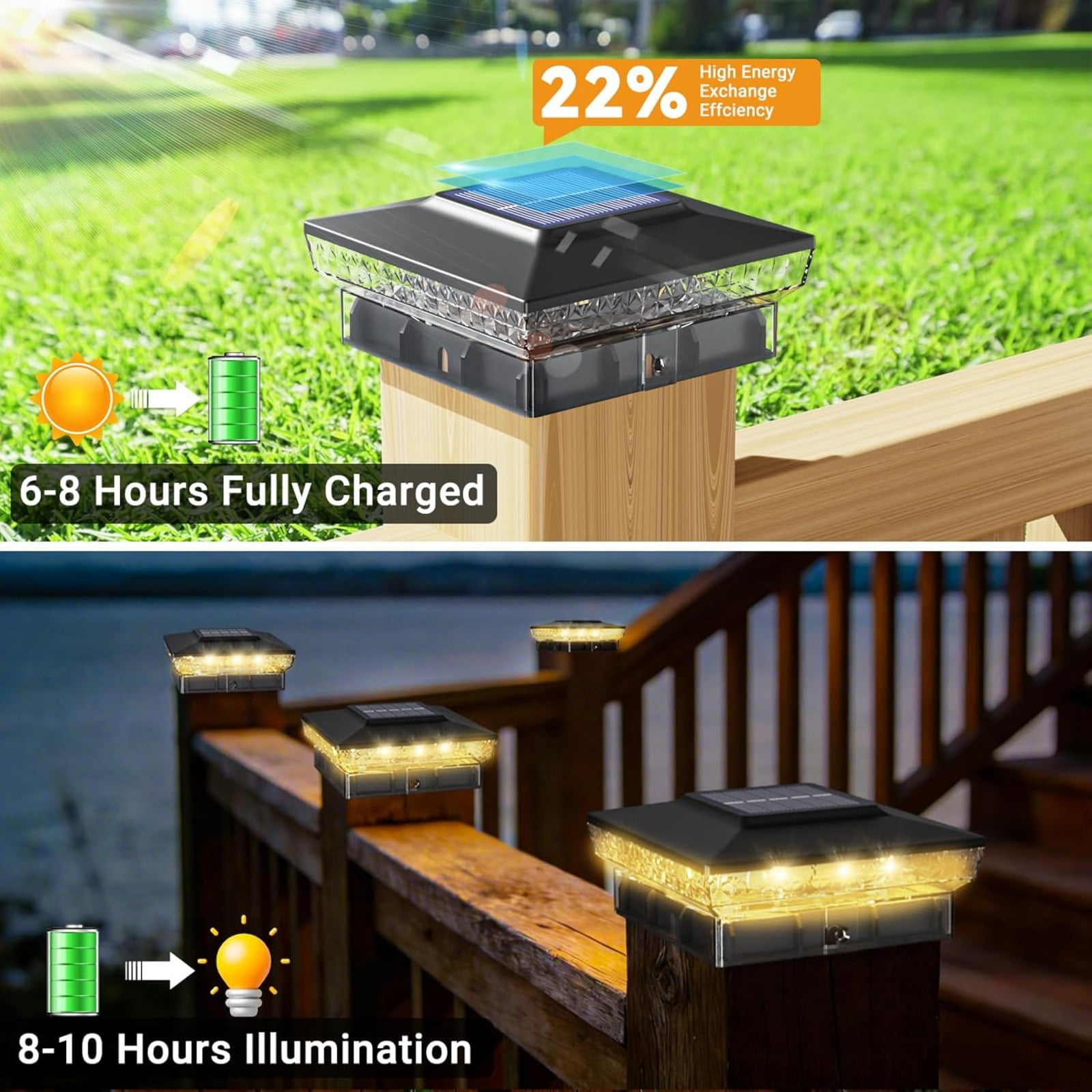 8 Pack Solar Post Cap Lights, 4x4 Outdoor Fence Lighting with 16 LED and 2 Modes, Waterproof Easy Install for Wood and Vinyl Posts, for Porch, Patio and Deck