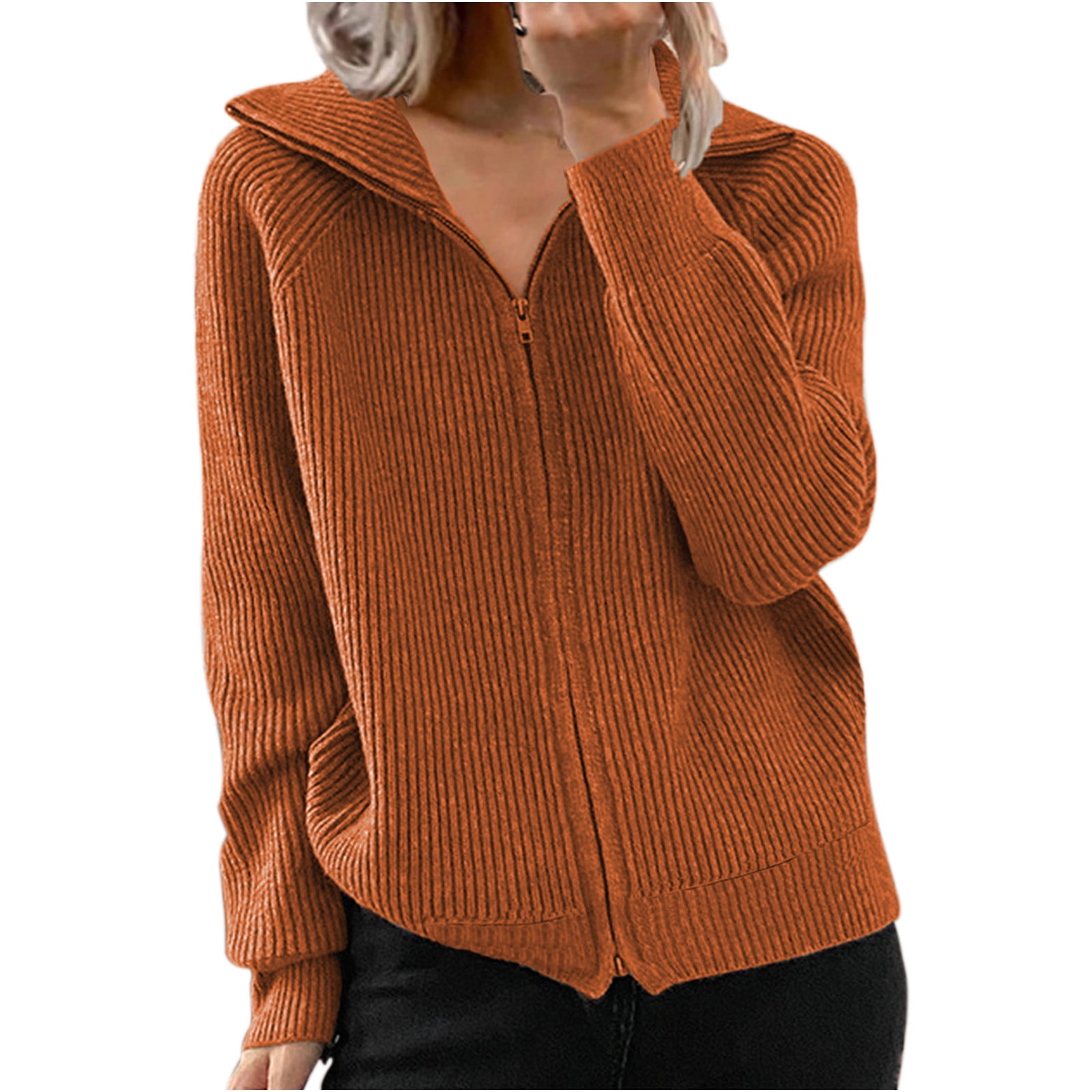 Hfyihgf Women Collared Full Zip Fall Sweater Solid Long Sleeve